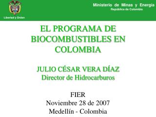 EL PROGRAMA DE BIOCOMBUSTIBLES EN COLOMBIA JULIO CÉSAR VERA DÍAZ Director de Hidrocarburos