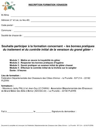 INSCRIPTION FORMATION VENAISON M./Mme