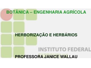 BOTÂNICA – ENGENHARIA AGRÍCOLA HERBORIZAÇÃO E HERBÁRIOS PROFESSORA JANICE WALLAU