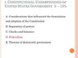 I. Constitutional Underpinnings of United States Government 5 – 15%