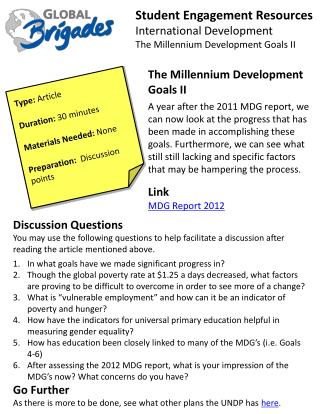 Student Engagement Resources International Development The Millennium Development Goals II