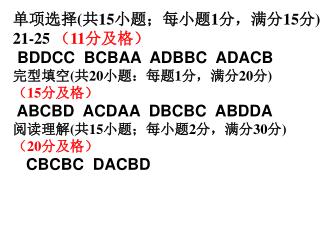 单项选择 ( 共 15 小题；每小题 1 分，满分 15 分 ) 21-25 （ 11 分及格） BDDCC BCBAA ADBBC ADACB