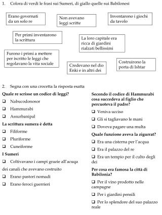 Colora di verdi le frasi sui Sumeri, di giallo quelle sui Babilonesi