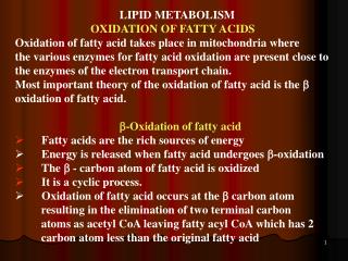 LIPID METABOLISM OXIDATION OF FATTY ACIDS