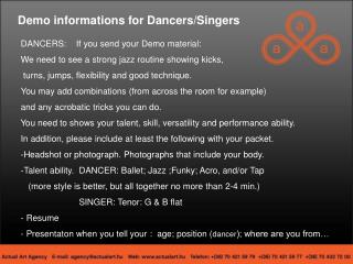  Demo informations for Dancers/Singers