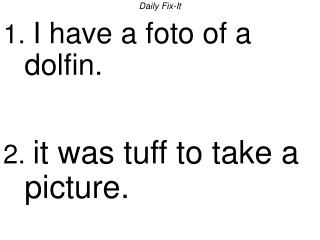 Daily Fix-It 1. I have a foto of a dolfin. 2. it was tuff to take a picture.