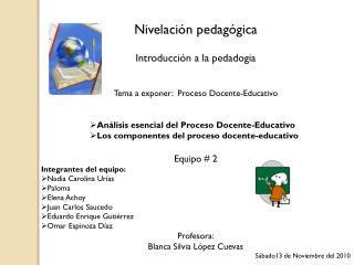 Nivelación pedagógica Introducción a la pedadogia Tema a exponer: Proceso Docente-Educativo