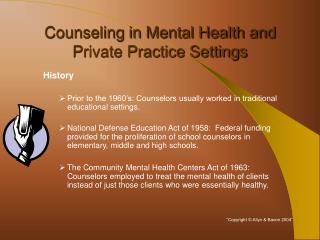 Counseling in Mental Health and Private Practice Settings