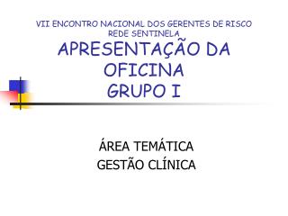 VII ENCONTRO NACIONAL DOS GERENTES DE RISCO REDE SENTINELA APRESENTAÇÃO DA OFICINA GRUPO I