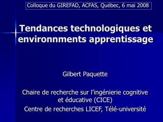 Tendances technologiques et environnments apprentissage