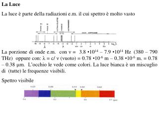 La Luce La luce è parte della radiazioni e.m. il cui spettro è molto vasto