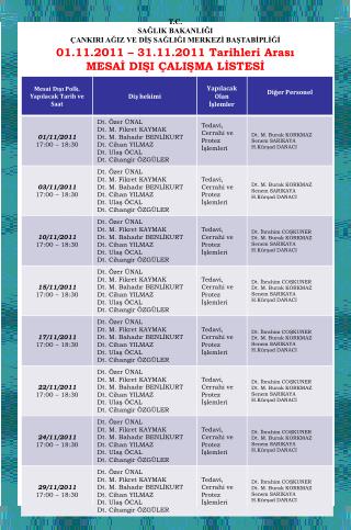 01.11.2011 – 31.11.2011 Tarihleri Arası MESAİ DIŞI ÇALIŞMA LİSTESİ