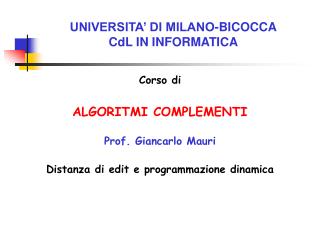 UNIVERSITA’ DI MILANO-BICOCCA CdL IN INFORMATICA