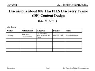 Discussions about 802.11ai FILS Discovery Frame (DF) Content Design