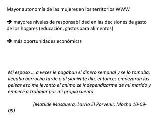 Mayor autonomía de las mujeres en los territorios WWW