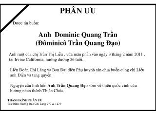 PHÂN ƯU Được tin buồn : Anh Dominic Quang Trần ( Đôminicô Trần Quang Đ ạ o)