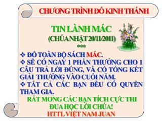 TIN LÀNH MÁC (CHÚA NHẬT 20/11/2011) *** ĐỐ TOÀN BỘ SÁCH MÁC .