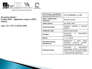 EU peníze školám“ Projekt DIGIT – digitalizace výuky na ISŠTE Sokolov