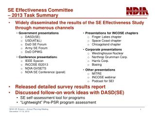 SE Effectiveness Committee – 2013 Task Summary