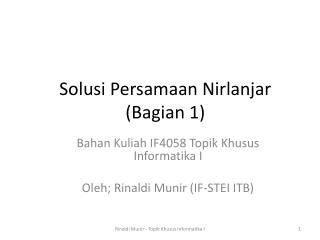 Solusi Persamaan Nirlanjar ( Bagian 1)