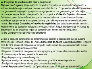 xv . Programa de oportunidades para la mujer rural