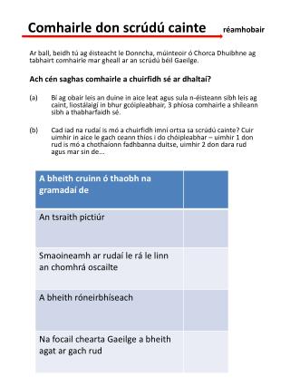 Comhairle don scrúdú cainte réamhobair