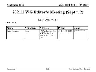802.11 WG Editor’s Meeting (Sept ‘12)