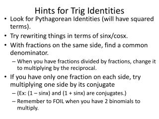 Hints for Trig Identities