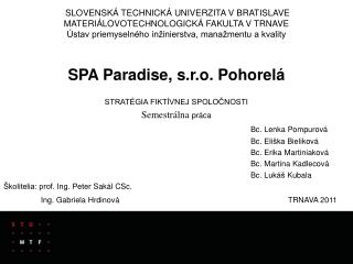 SPA Paradise , s.r.o. Pohorelá STRATÉGIA FIKTÍVNEJ SPOLOČNOSTI Semestrálna práca