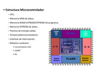 Estructura Microcontrolador CPU. Memoria RAM de datos. Memoria ROM/UVPROM/OTPROM de programa.