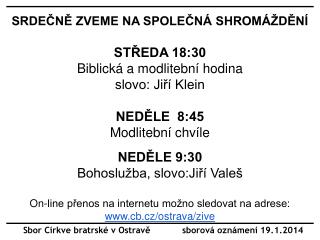 Sbor Církve bratrské v Ostravě sborová oznámení 19.1.2014