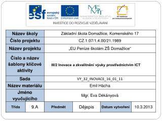 Vzdělávací oblast: Člověk a společnost Vzdělávací obor: Dějepis