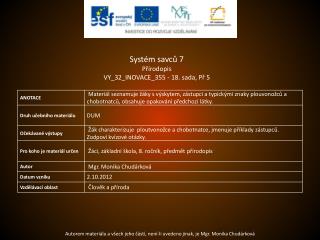 Systém savců 7 Přírodopis VY_32_INOVACE_355 - 18. sada, Př 5