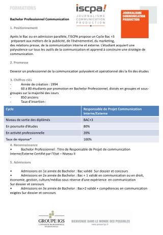 Bachelor Professionnel Communication 1. Positionnement