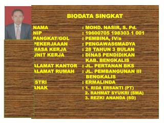 BIODATA SINGKAT NAMA		 	: MOHD. NASIR, S. Pd. NIP		 	: 19600705 198303 1 001