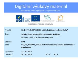 Digitální výukový materiál zpracovaný v rámci projektu „EU peníze školám“