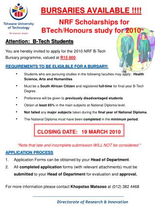 BURSARIES AVAILABLE !!!! NRF Scholarships for BTech /Honours study for 2010
