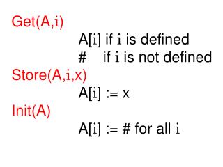 Get(A, i ) 			A[ i ] if i is defined 			# if i is not defined Store(A, i ,x) 			A[ i ] := x