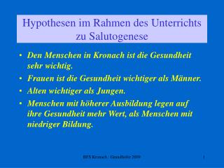 Hypothesen im Rahmen des Unterrichts zu Salutogenese