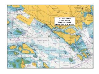 MV THANH DA Lat:01º 15.22N Long: 103º 48.00E On 30 th Mar 04 at 1025hrs