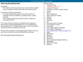 How to use this reference sheet Assumption: