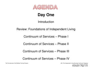 Day One Introduction Review: Foundations of Independent Living Continuum of Services – Phase I