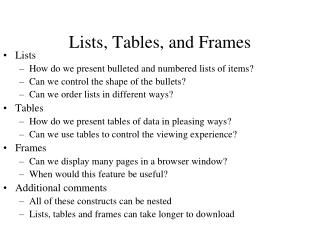 Lists, Tables, and Frames