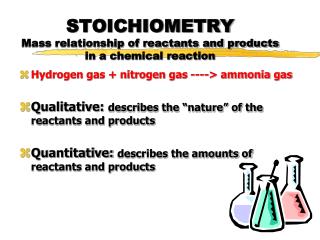 STOICHIOMETRY Mass relationship of reactants and products in a chemical reaction