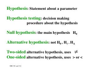 Hypothesis : Statement about a parameter Hypothesis testing : decision making