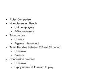 Rules Comparison Non-players on Bench U-4 non-players F-5 non-players Tobacco use U-minor