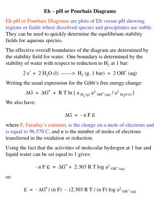 Eh – pH or Pourbaix Diagrams