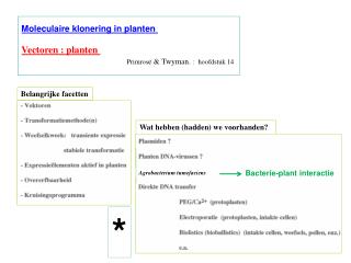 Moleculaire klonering in planten Vectoren : planten 			Primros e &amp; Twyman. : hoofdstuk 14