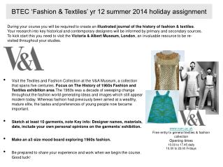 BTEC ‘Fashion &amp; Textiles’ yr 12 summer 2014 holiday assignment