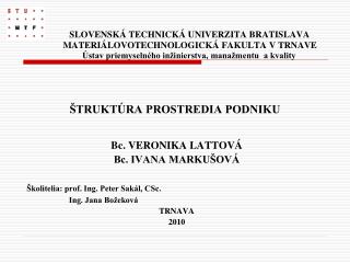 Bc. VERONIKA LATTOVÁ Bc. IVANA MARKUŠOVÁ Školitelia: prof. Ing. Peter Sakál, CSc.